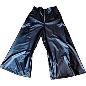 Womans faux leather minimalist officecore casual wide leg palazzo black pant S-M
